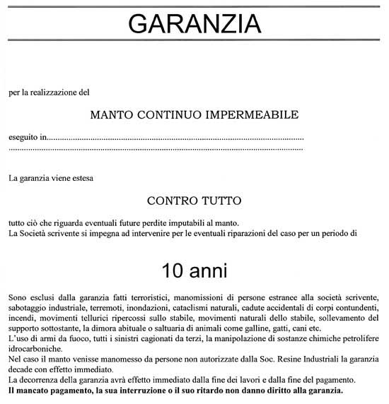 Certificato di garanzia decennale per impermeabilizzazione terrazze